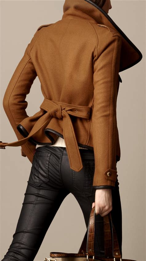 burberry camel coat leather trim